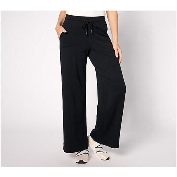 Denim & Co. Active French Terry Petite Wide Leg Pant Black,PetIte,M - Picture 1 of 1